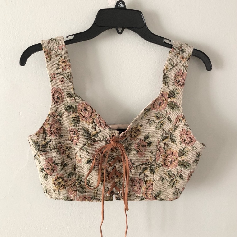 Cider Floral Tapestry Lace-Up Cropped Top
